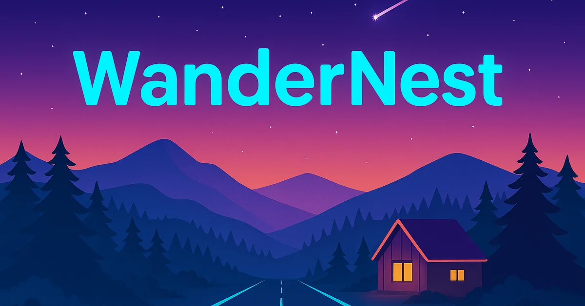 WanderNest title card: a cabin by a mountain road at dusk, under a shooting star